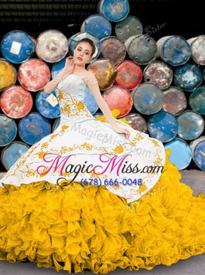 Customized Yellow And White Sweetheart Neckline Appliques and Embroidery and Ruffles Quinceanera Dresses Sleeveless Lace Up