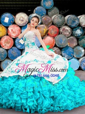 Fashion Organza Sleeveless Floor Length Quinceanera Gown and Appliques and Embroidery and Ruffles