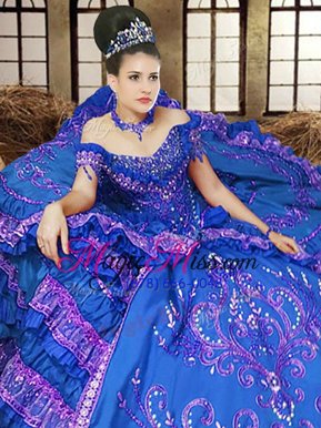Elegant Off the Shoulder Sleeveless Floor Length Embroidery Lace Up 15th Birthday Dress with Royal Blue