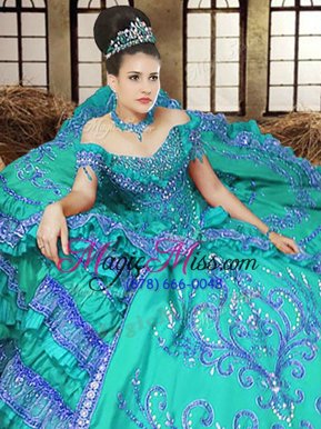 Classical Turquoise Off The Shoulder Neckline Embroidery Sweet 16 Dress Sleeveless Lace Up
