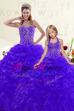Unique Blue and Purple Sweetheart Lace Up Beading and Ruffles Sweet 16 Dresses Sleeveless