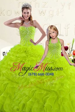 Deluxe Yellow Green Ball Gowns Beading and Ruffles 15th Birthday Dress Lace Up Organza Sleeveless Floor Length