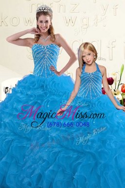 Custom Designed Floor Length Blue Quinceanera Gowns Sweetheart Sleeveless Lace Up