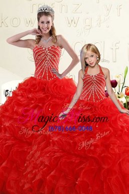 Red Ball Gowns Organza Sweetheart Sleeveless Beading and Ruffles Floor Length Lace Up Quince Ball Gowns
