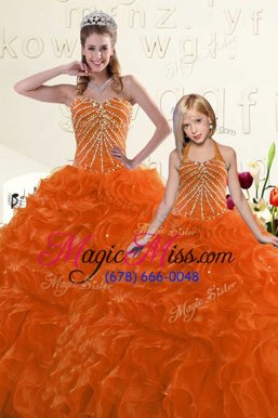 Cute Orange Lace Up Quinceanera Gowns Beading and Ruffles Sleeveless Floor Length