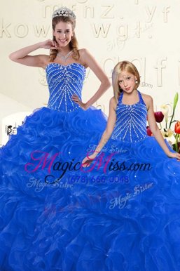 Extravagant Organza Sweetheart Sleeveless Lace Up Beading and Ruffles Vestidos de Quinceanera in Blue