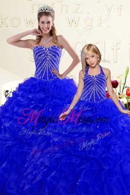 Affordable Sleeveless Organza Floor Length Lace Up Sweet 16 Dresses in Royal Blue for with Beading and Ruffles