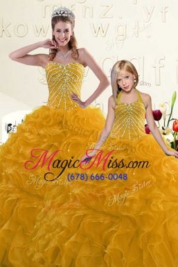 Smart Gold Ball Gowns Organza Sweetheart Sleeveless Beading and Ruffles Floor Length Lace Up Vestidos de Quinceanera