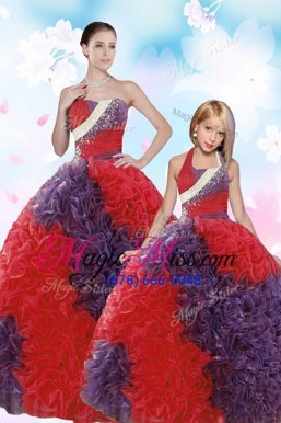 Coral Red Ball Gowns Fabric With Rolling Flowers Strapless Sleeveless Beading Floor Length Lace Up Sweet 16 Quinceanera Dress