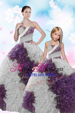 Discount White Ball Gowns Fabric With Rolling Flowers Strapless Sleeveless Beading and Sequins Floor Length Lace Up Vestidos de Quinceanera