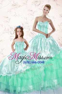 Apple Green Organza Lace Up Ball Gown Prom Dress Long Sleeves Floor Length Embroidery and Ruffled Layers