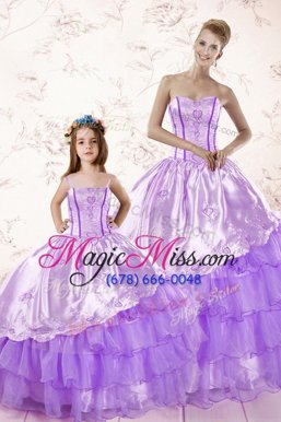 Luxury Lavender Organza Lace Up Quinceanera Dress Sleeveless Floor Length Embroidery and Ruffled Layers