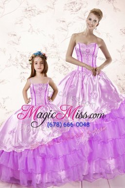 Low Price Floor Length Lilac Sweet 16 Quinceanera Dress Organza Sleeveless Embroidery and Ruffled Layers