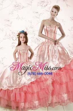 Watermelon Red Lace Up Sweet 16 Dresses Embroidery and Ruffled Layers Sleeveless Floor Length
