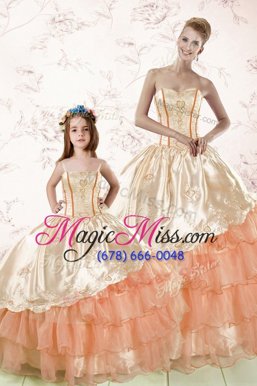 Lovely Peach Ball Gowns Organza Sweetheart Sleeveless Embroidery and Ruffled Layers Floor Length Lace Up Sweet 16 Dress