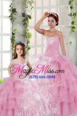 Exquisite Rose Pink Organza Lace Up Quince Ball Gowns Sleeveless Floor Length Beading and Ruffled Layers and Ruching