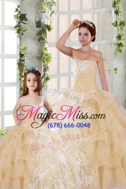 Charming Ruffled Floor Length Ball Gowns Sleeveless Champagne Quince Ball Gowns Lace Up