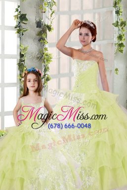 Custom Designed Ruffled Floor Length Ball Gowns Sleeveless Light Yellow 15 Quinceanera Dress Lace Up