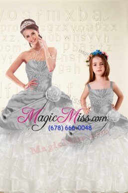High Quality Grey Organza and Taffeta Lace Up Sweetheart Sleeveless Floor Length 15th Birthday Dress Beading and Ruffled Layers and Hand Made Flower