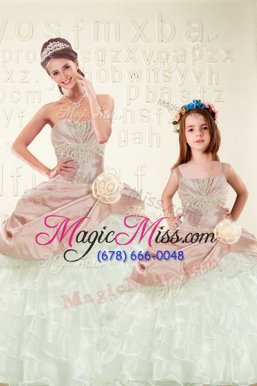 Decent Peach Organza and Taffeta Lace Up Sweet 16 Dress Sleeveless Floor Length Beading and Ruffled Layers and Hand Made Flower