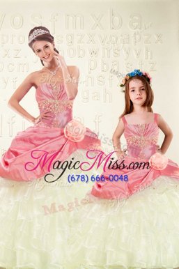 Fine Organza and Taffeta Sleeveless Floor Length Vestidos de Quinceanera and Beading and Ruffled Layers and Hand Made Flower