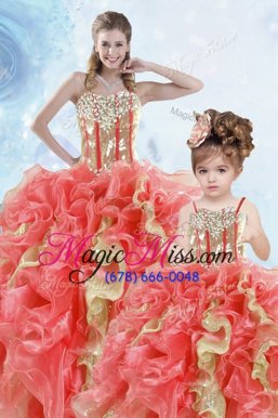 Attractive Multi-color Ball Gowns Organza Sweetheart Sleeveless Beading and Ruffles and Sequins Floor Length Lace Up Quince Ball Gowns