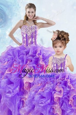 Suitable Sleeveless Floor Length Beading and Ruffles and Sequins Lace Up Quinceanera Dresses with Multi-color