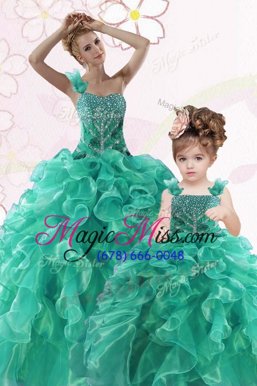 Fitting Turquoise Lace Up One Shoulder Beading and Ruffles Quinceanera Dress Organza Sleeveless