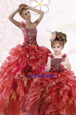 Unique Coral Red One Shoulder Neckline Beading and Ruffles Ball Gown Prom Dress Sleeveless Lace Up