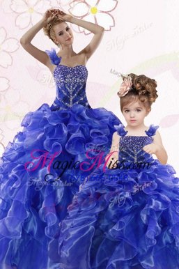 Free and Easy One Shoulder Royal Blue Sleeveless Beading and Ruffles Floor Length Vestidos de Quinceanera