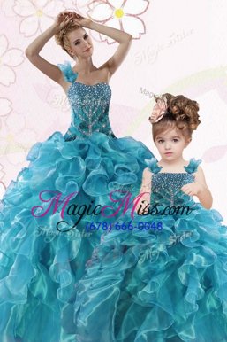 Exquisite Teal One Shoulder Neckline Beading and Ruffles 15 Quinceanera Dress Sleeveless Lace Up