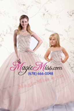 Deluxe Baby Pink Sleeveless Beading Floor Length Ball Gown Prom Dress