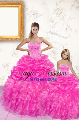 Fashionable Hot Pink Sweetheart Lace Up Beading and Ruffles and Pick Ups Quinceanera Dress Sleeveless