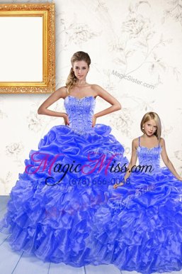 Wonderful Beading and Ruffles and Pick Ups Quinceanera Gown Royal Blue Lace Up Sleeveless Floor Length