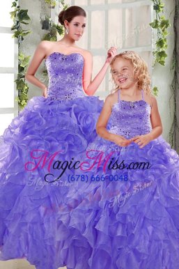Custom Made Lavender Ball Gowns Strapless Sleeveless Organza Floor Length Lace Up Beading and Ruffles Quince Ball Gowns