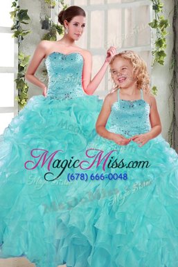 Turquoise Lace Up Quinceanera Gowns Beading and Ruffles Sleeveless Floor Length