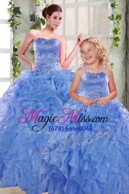 Most Popular Sleeveless Floor Length Beading and Ruffles Lace Up Quinceanera Gowns with Blue