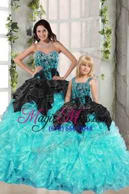 High End Floor Length Lace Up Quinceanera Gowns Black and Turquoise and In for Military Ball and Sweet 16 and Quinceanera with Beading and Ruffles