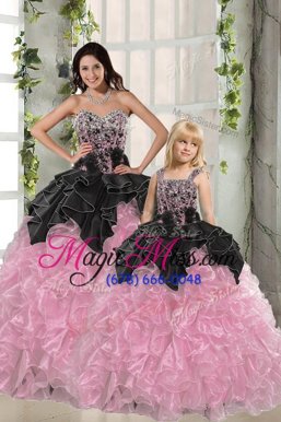 Popular Pink And Black Ball Gowns Sweetheart Sleeveless Organza Floor Length Lace Up Beading and Ruffles Quinceanera Dress