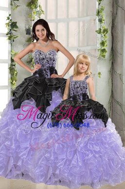 Edgy Black and Lavender Sweetheart Lace Up Beading and Ruffles Quince Ball Gowns Sleeveless