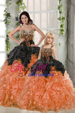 Luxury Orange Red Ball Gowns Sweetheart Sleeveless Organza Floor Length Lace Up Beading and Ruffles Quinceanera Gown