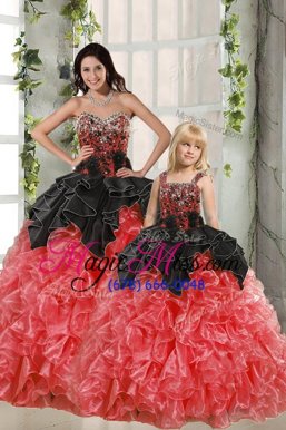 Decent Red And Black Ball Gowns Sweetheart Sleeveless Organza Floor Length Lace Up Beading and Ruffles Vestidos de Quinceanera