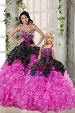 High Quality Sweetheart Sleeveless Quinceanera Dress Floor Length Beading and Ruffles Pink And Black Organza