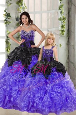 Black And Purple Sleeveless Organza Lace Up Sweet 16 Quinceanera Dress for Military Ball and Sweet 16 and Quinceanera
