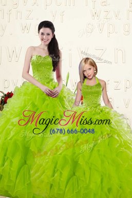 Edgy Sleeveless Floor Length Beading and Ruffles Lace Up 15th Birthday Dress with Yellow Green