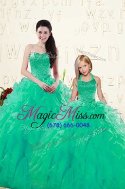 Excellent Turquoise Sweetheart Lace Up Beading and Ruffles Ball Gown Prom Dress Sleeveless