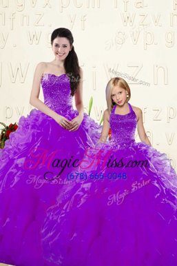 Sophisticated Eggplant Purple Sleeveless Organza Lace Up Quinceanera Dress for Military Ball and Sweet 16 and Quinceanera