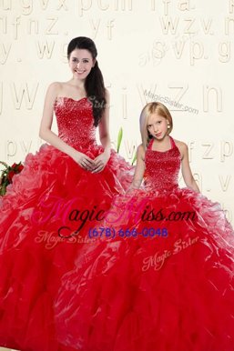 Perfect Sleeveless Floor Length Beading and Ruffles Lace Up Sweet 16 Dresses with Coral Red