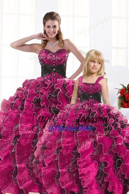 Wonderful Floor Length Hot Pink Ball Gown Prom Dress Organza Sleeveless Beading and Appliques and Ruffles