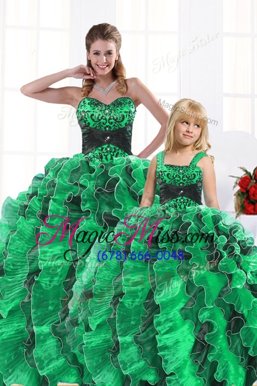 Great Green Organza Lace Up 15th Birthday Dress Sleeveless Floor Length Beading and Appliques and Ruffles